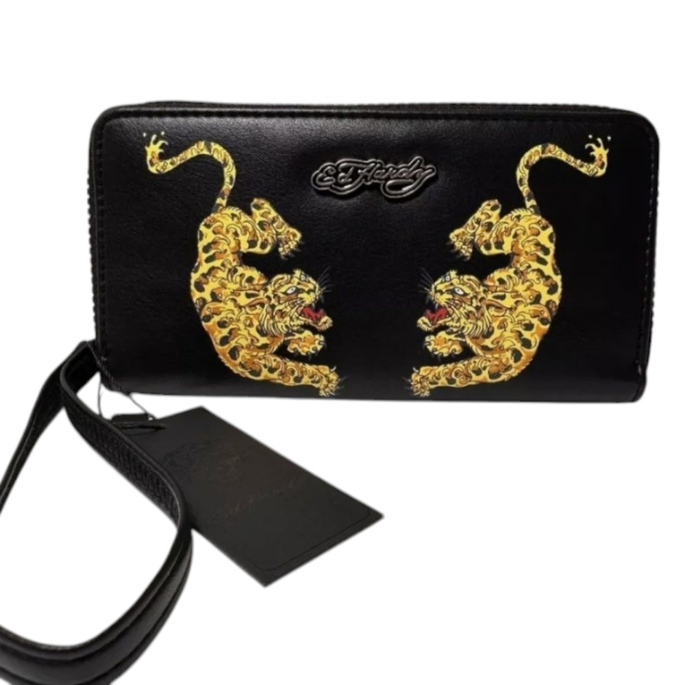 Ed Hardy Screaming Tigers Print Zip Around Wristlet Wallet